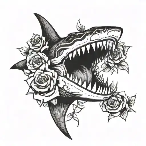 A Shark Jaw Thats Open With Roses Around It And A Snake With Roses For Eyes