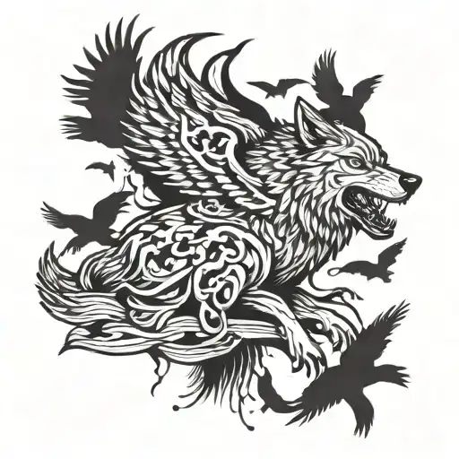 Wolf And Crows Flying