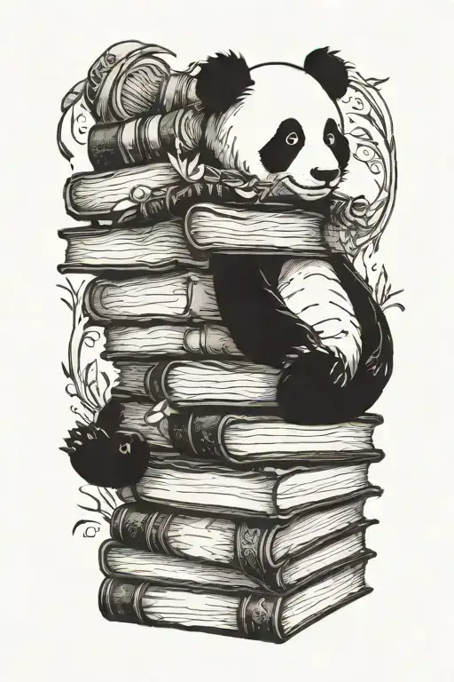 A Stack Of Books With A Panda Reading On Top