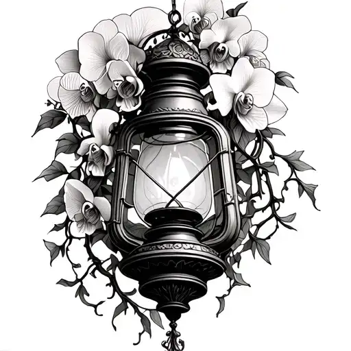Gothic Withered Old Lantern Overgrown By Orchids And Vines