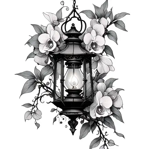 Gothic Withered Old Broken Lantern Overgrown By Orchids And Vines