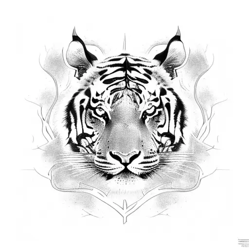 A Blackwork Tree With Roots Growing Into The Shape Of A Tiger's Face