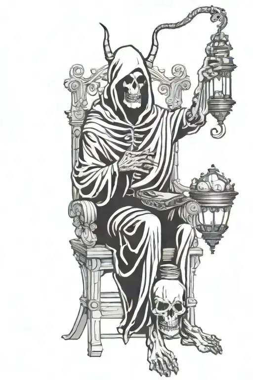 Grim Reaper With Horns Sitting On A Throne Holding A Vintage Lantern With Skulls At His Feet