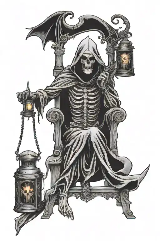 Grim Reaper With Horns Sitting On A Throne Holding A Vintage Lantern With Skulls At His Feet