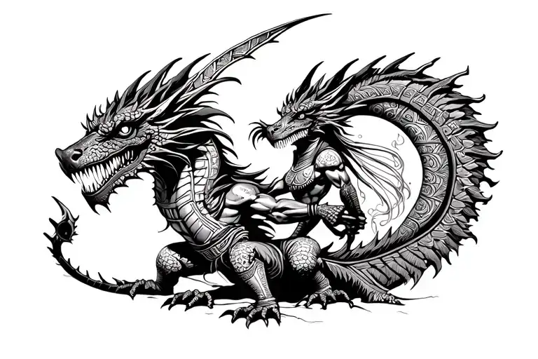Aztec Warrior Battling A Dragon
