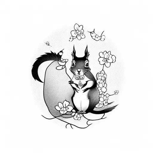 A Squirrel And A Dog Playing Under A Blooming Cherry Tree