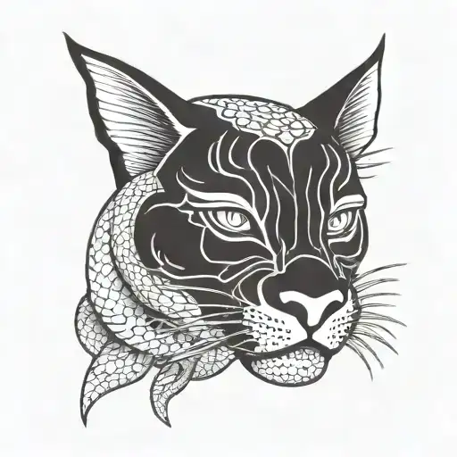 Japanese Panther Cat Mask Surrounded By Japanese Snake Eating It Own Tail