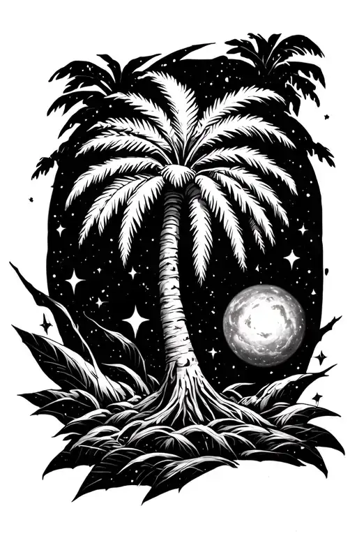 Palm Tree Tattoo Surrounded By Galaxies And Stars