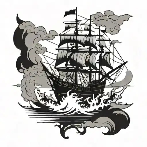 A Stylized Blackwork Tattoo Of A Pirate Ship Crane In The Port City Of Le Havre