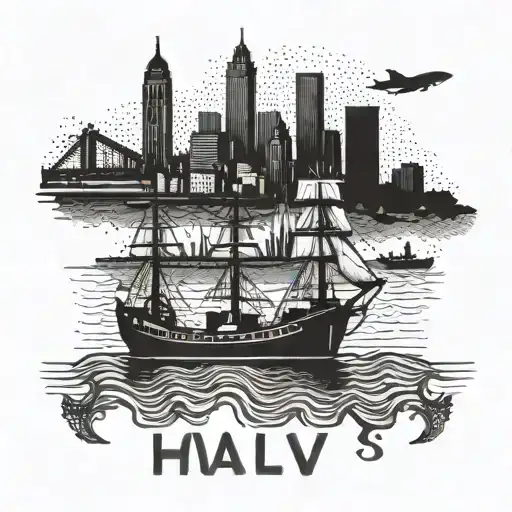 A Dotwork Tattoo Of A Silhouette Of Le Havre City Skyline With Ships In The Port