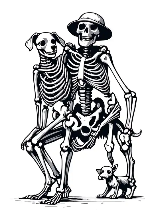 Fully Body Human Skeleton Adventurer With Dog Companion