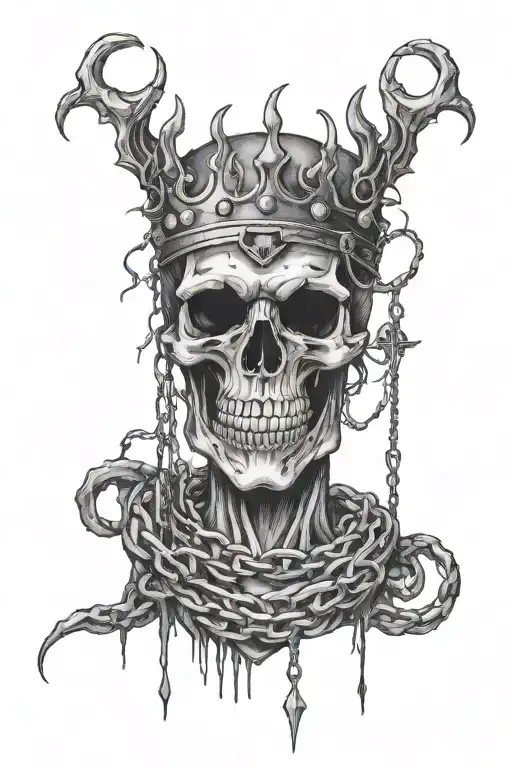 Demonic Skull With A Cracked Crown Wrapped In Chains With Words No Gods No Masters Only Man