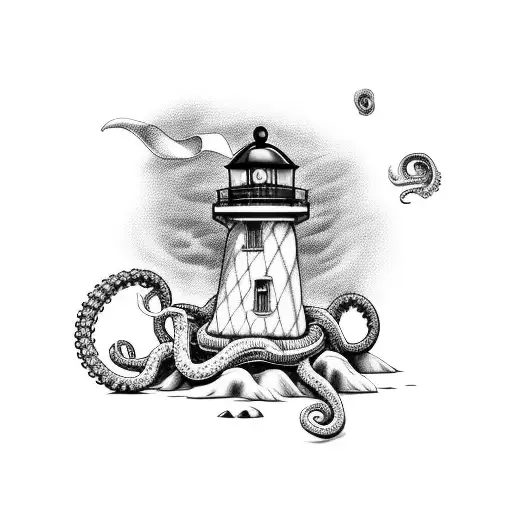 Grayscale Realistic Lighthouse With Octopus