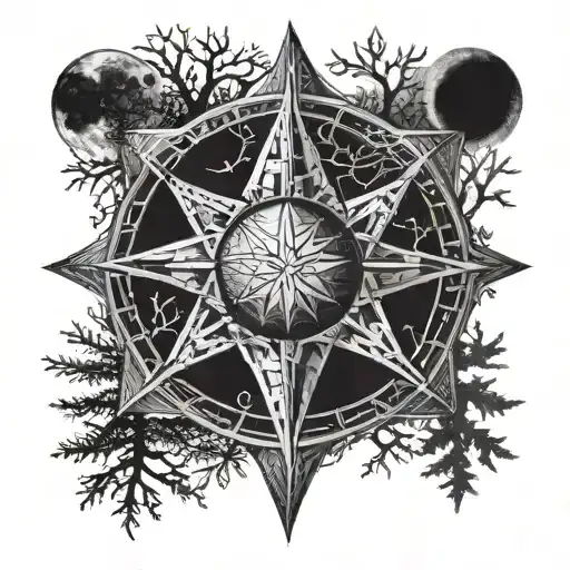 A Black Eight-pointed Star In A Forest With A Full Moon