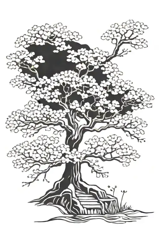 Black Out With White Ink Sakura Tree