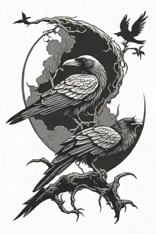Crescent Moon And Raven Perched