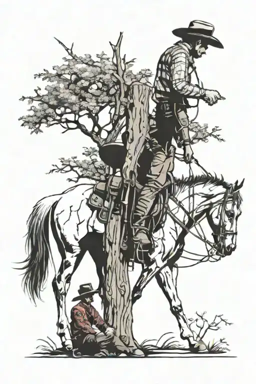Cowboy Sitting Under A Tree Holding His Horse