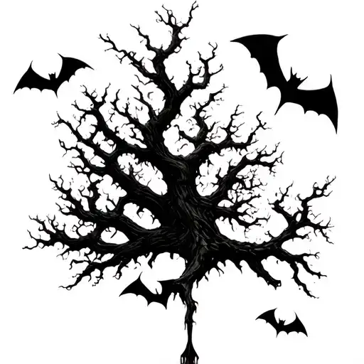Dead Tree With Bats Flying