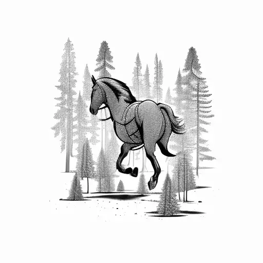 A Cinematic Scene With A Horse Galloping Through A Pine Forest