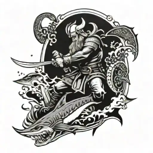 Viking Warrior Battling A Shark In The Ocean