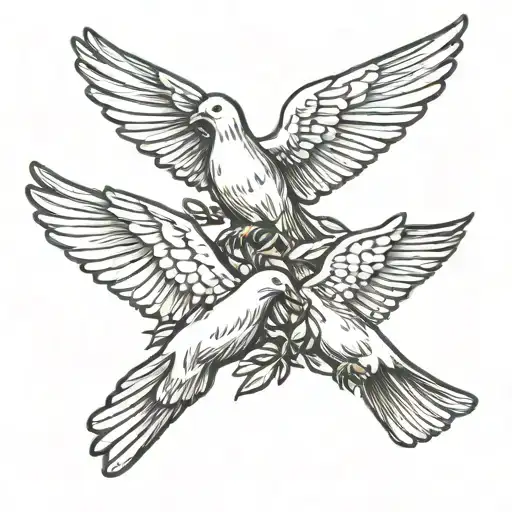 Three Doves Flying With Wings Open And Each Carrying A Olive Leaf