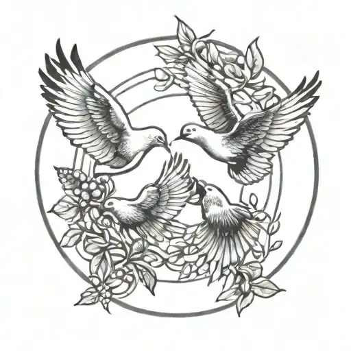 Three Doves Flying Around In Circle With Wings Open And Each Carrying A Olive Leaf