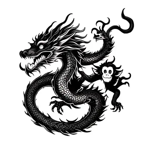 Chinese Dragon Intertwined With Monkey Holding