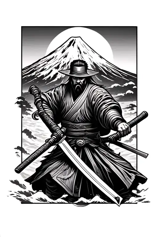 Japanese Ronin Wielding A Katana Blade With Mount Fuji In The Background