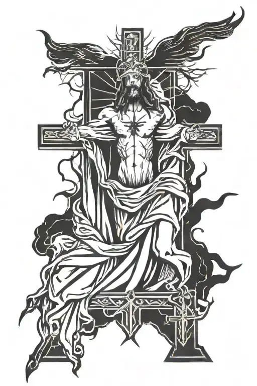 Lighting Bolt With Jesus Holding Hands And Crosses Around Him