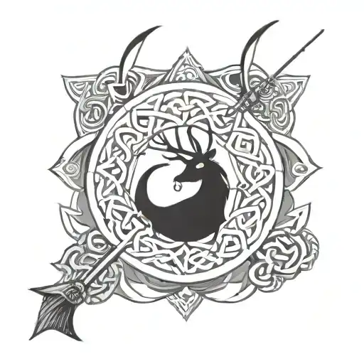 A Celtic Knotwork Design Incorporating Elements Of Hunting And Fishing