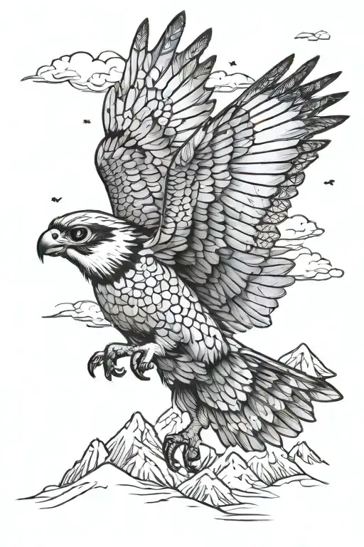 Flying Little Falcon Against The Background Of Snowy Mountains And Clouds