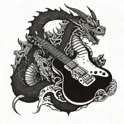 A Mechanical Dragon Shredding A Guitar In Blackwork Style