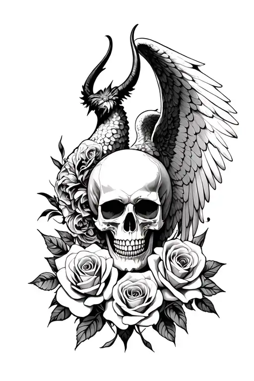 Skull Of An Angel And Demon And Roses Intertwined