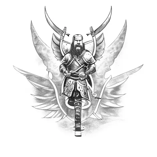 Viking Warrior Holding A Sword In One Hand And A Fallen Angel Wing In The Other