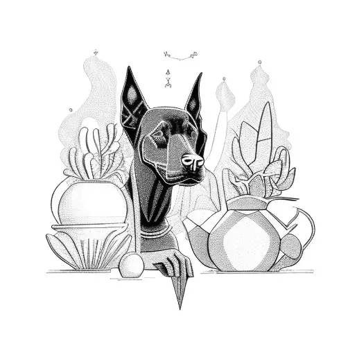 A Mystical Witchcraft Scene With A Black Doberman And A Cauldron Surrounded By Exotic Houseplants