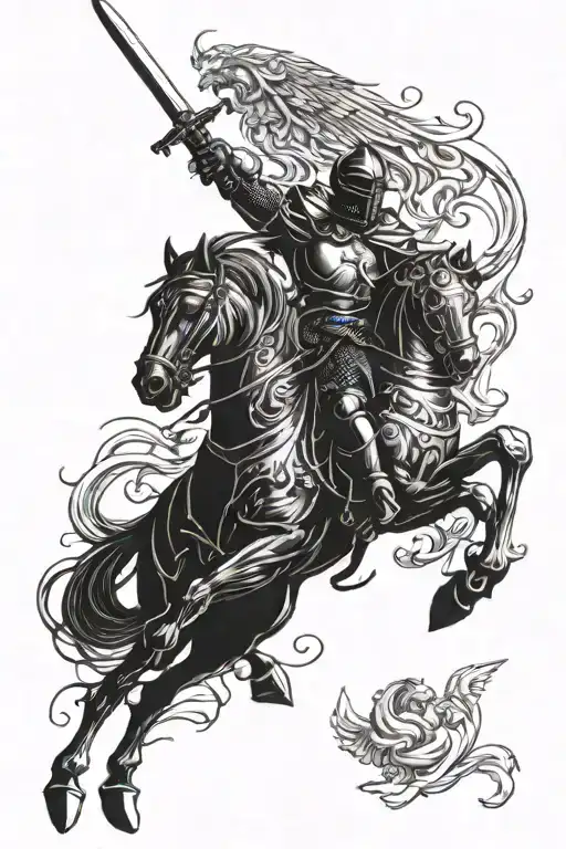 Medieval Black Knight With Angels Fighting Demons