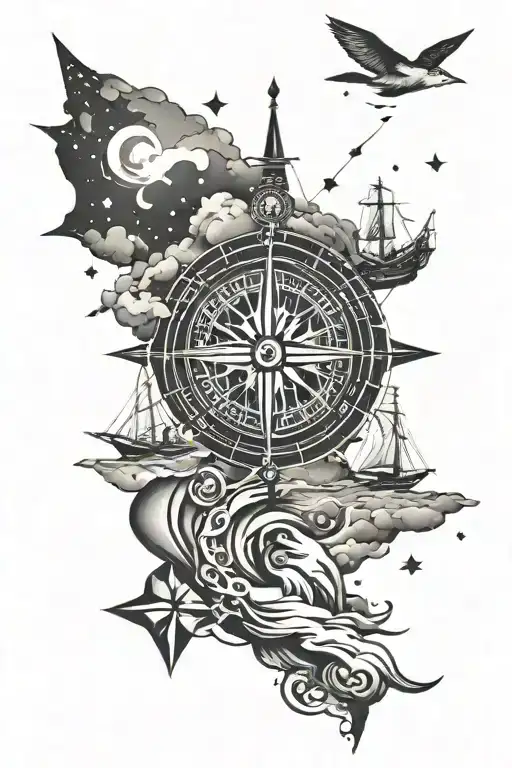 Compass Sky Filled With Stars And Ship Sailing