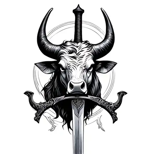 Bull Head Profile Holding Sword