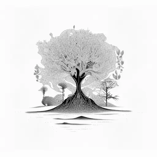A Surreal Landscape With A Towering Tree Made Of Various Plants And Flowers