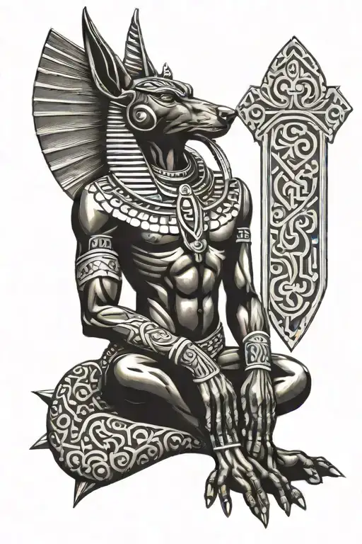 Anubis Holding Egyptian Cross