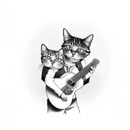 A Realistic Portrait Of A Boy Playing A Guitar With A Cat Sitting On His Shoulder