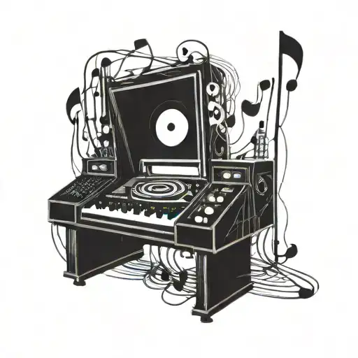 A Detailed Blackwork Tattoo Of A Dj Booth Surrounded By Music Notes And A Crowd At A Music Rave