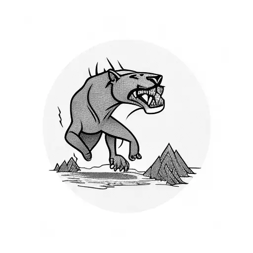 A Panther Leaping Over A Cricket Stumps In A Jungle Landscape In A Blackwork Style