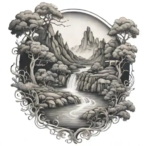 A Winding River Flows Down And Waterfalls Through The Bottom