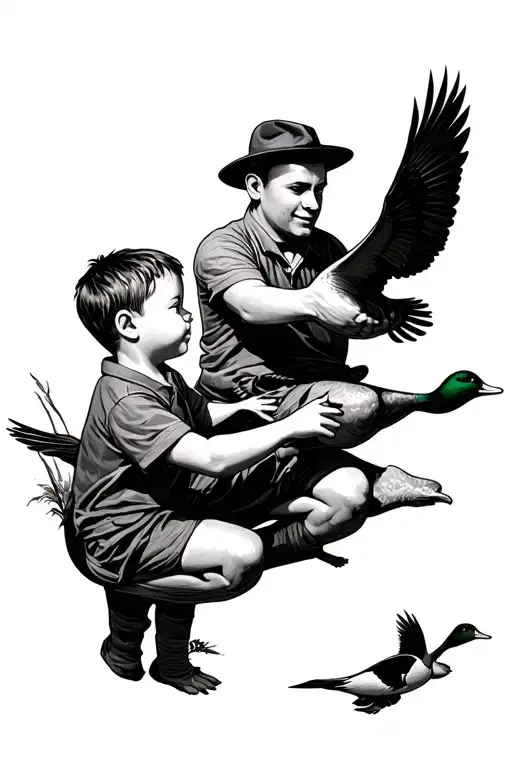 Hunter Father Shows Flying Ducks To His Son Playing