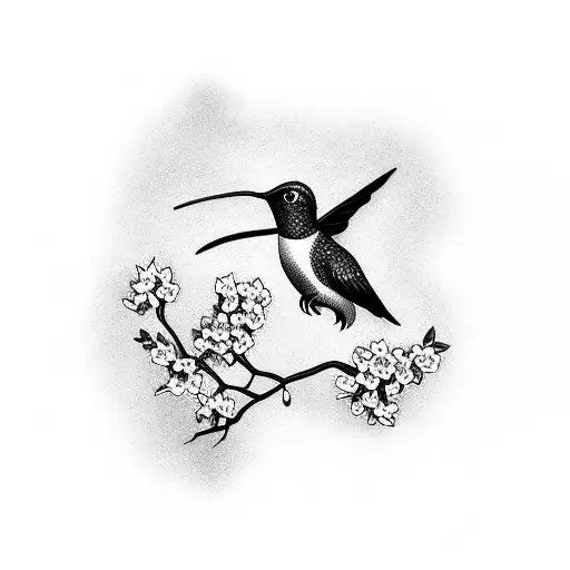 A Realistic Hummingbird Perched On A Delicate Branch Of Cherry Blossoms