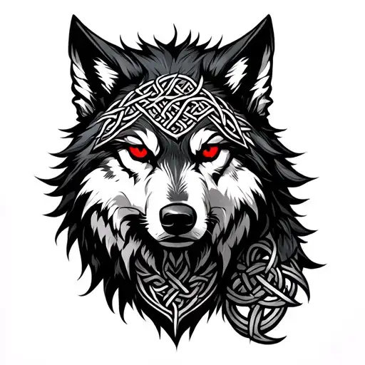 Wolf With Red Eyes On Armor Tattoo Design Featuring Celtic Knot