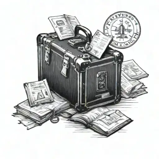 A Tattoo Of A Vintage Suitcase With Travel Stamps And A Book Inside