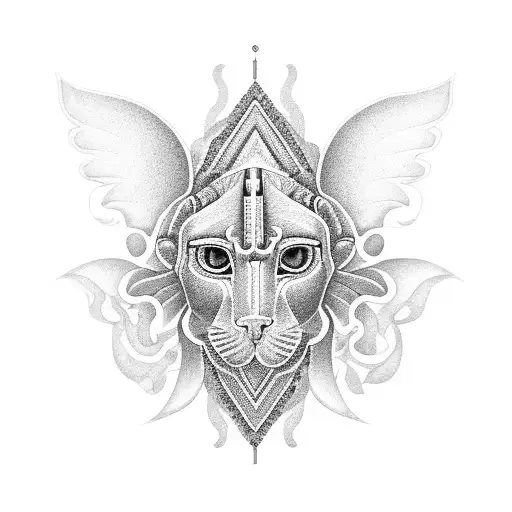 A Dotwork Tattoo Featuring A Majestic Black-grey Sphinx Surrounded By Lotus Flowers And Scarabs