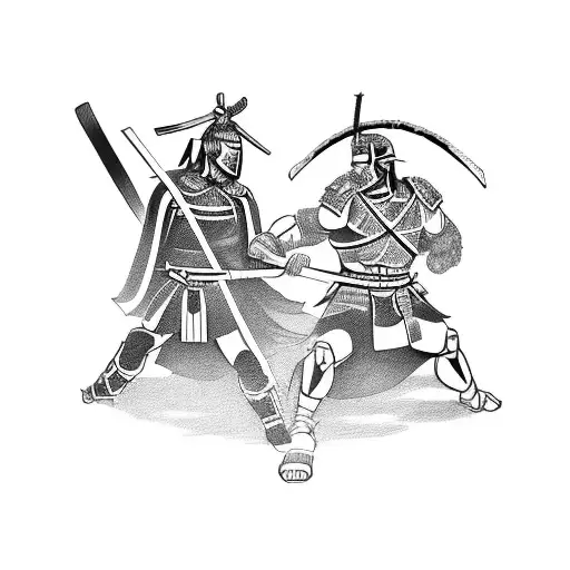 A Samurai And Spartan Warrior Facing Each Other In A Blackwork Composition